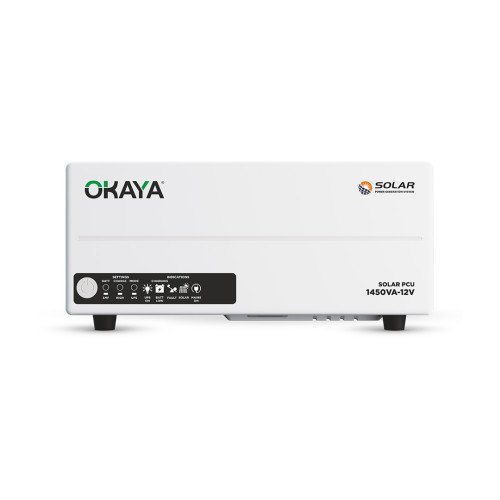 Okaya Solar PCU 1450 VA, 12 V · PWM off‑grid solar inverter · 36 months warranty