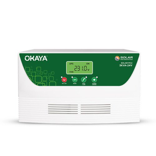 Okaya Solar PCU 3 kVA, 24 V · PWM off‑grid solar inverter · 36 months warranty